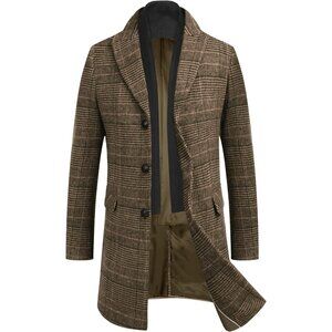 Mens Brown Plaid Trench Overcoat Wool Blend Coat with Detachable Single Breasted